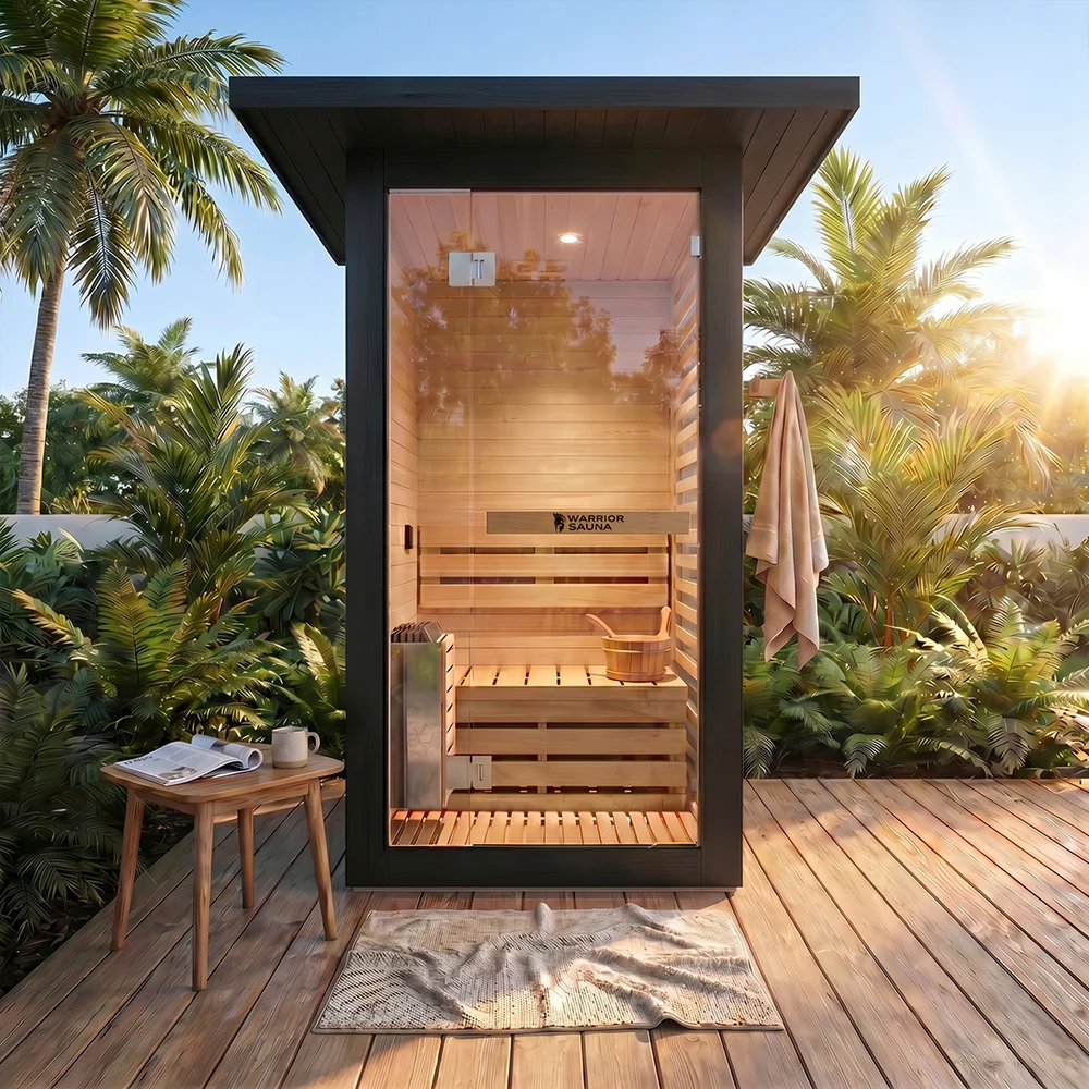 Warrior Plunge traditional wooden sauna on an outdoor tropical deck